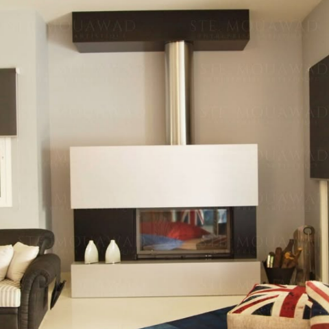 Modern minimalist stone fireplace